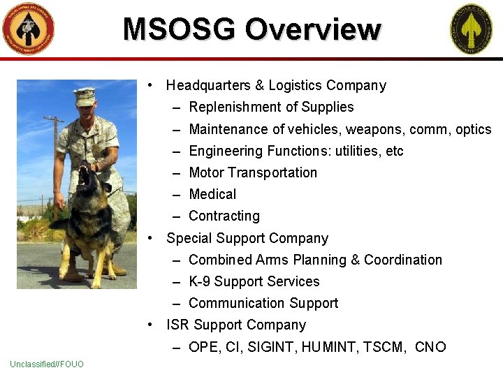 MSOSG Overview • Headquarters & Logistics Company – Replenishment of Supplies – Maintenance of