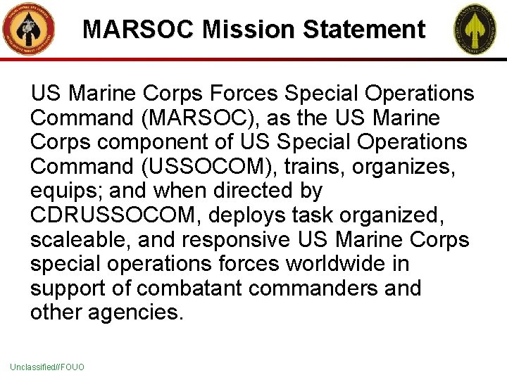 MARSOC Mission Statement US Marine Corps Forces Special Operations Command (MARSOC), as the US