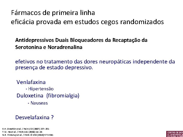 Fármacos de primeira linha eficácia provada em estudos cegos randomizados Antidepressivos Duais Bloqueadores da