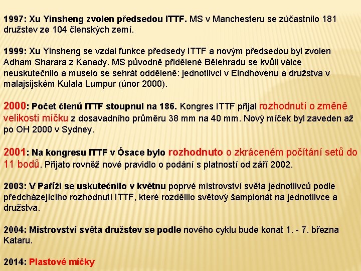 1997: Xu Yinsheng zvolen předsedou ITTF. MS v Manchesteru se zúčastnilo 181 družstev ze