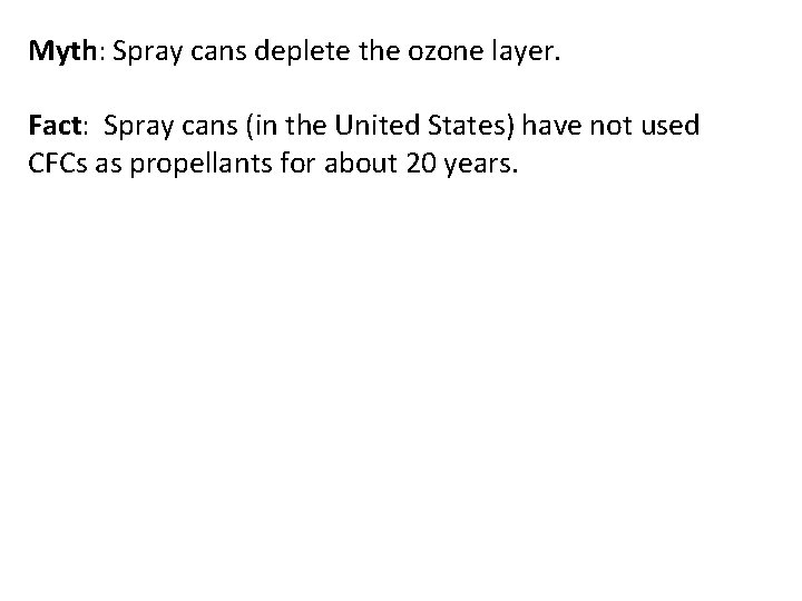 Myth: Spray cans deplete the ozone layer. Fact: Spray cans (in the United States)