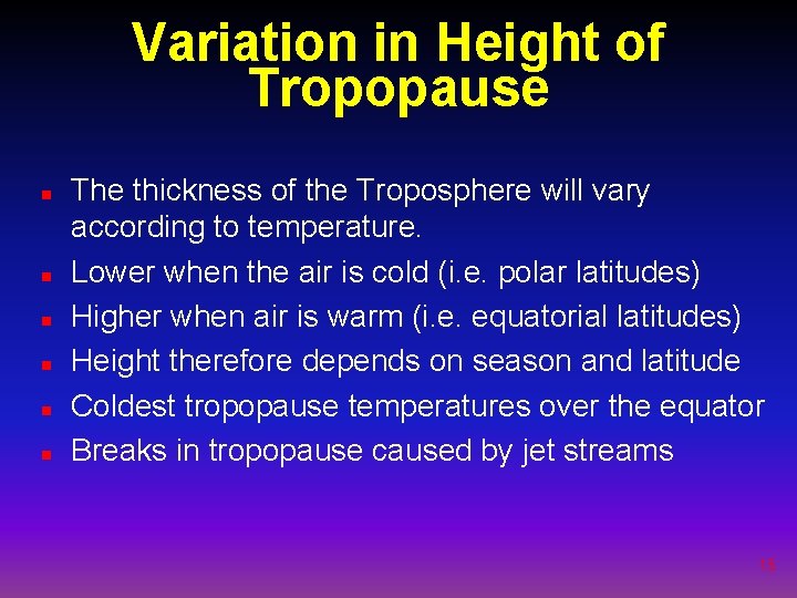 Variation in Height of Tropopause n n n The thickness of the Troposphere will