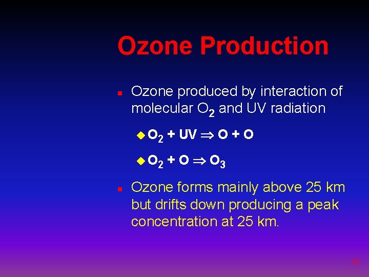 Ozone Production n n Ozone produced by interaction of molecular O 2 and UV