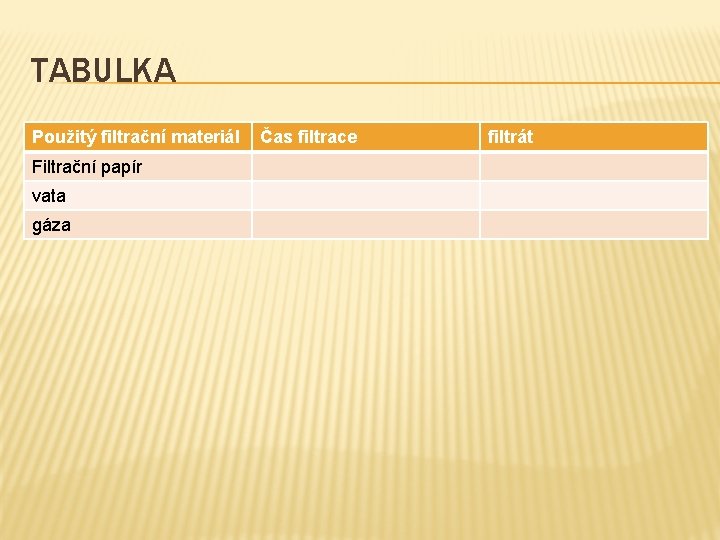 TABULKA Použitý filtrační materiál Filtrační papír vata gáza Čas filtrace filtrát 