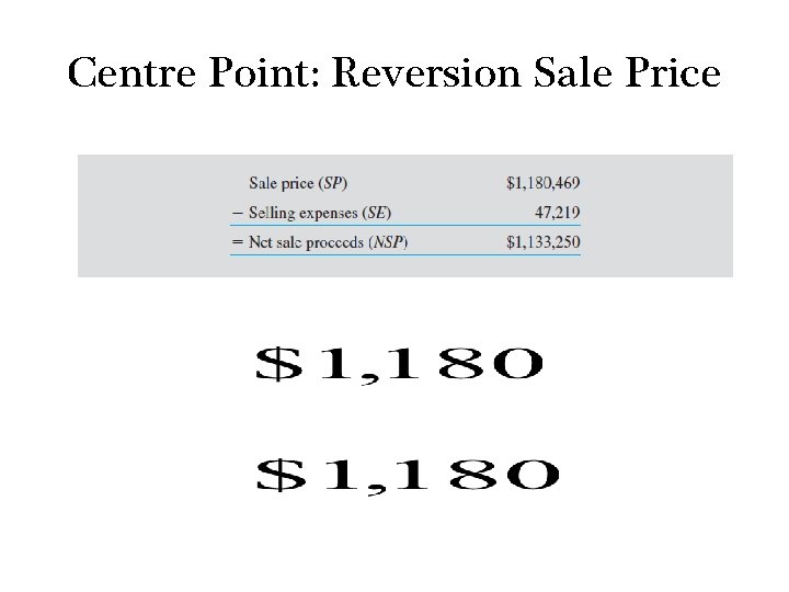 Centre Point: Reversion Sale Price 