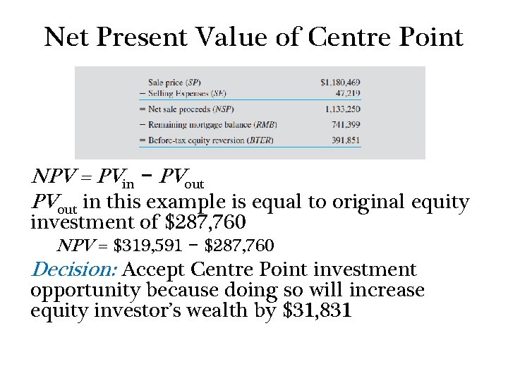 Net Present Value of Centre Point NPV = PVin − PVout in this example