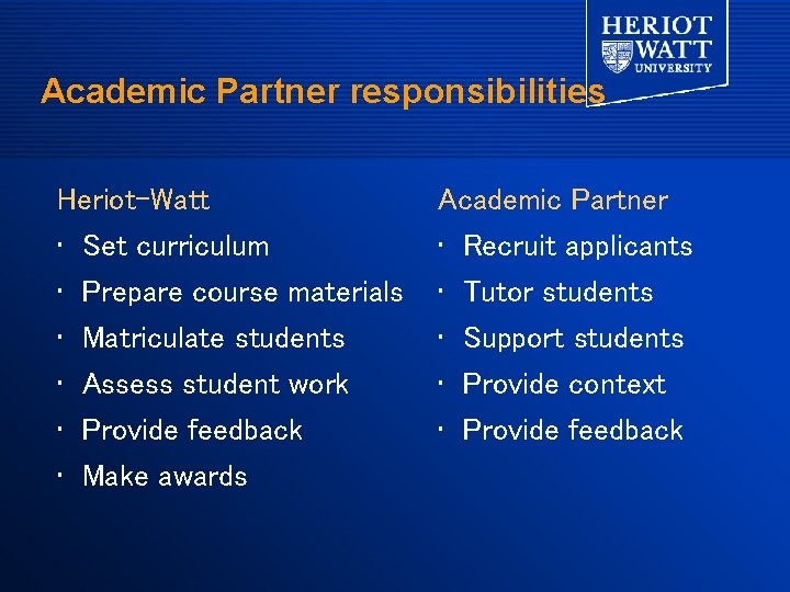 Academic Partner responsibilities Heriot-Watt Academic Partner • • • Set curriculum Prepare course materials