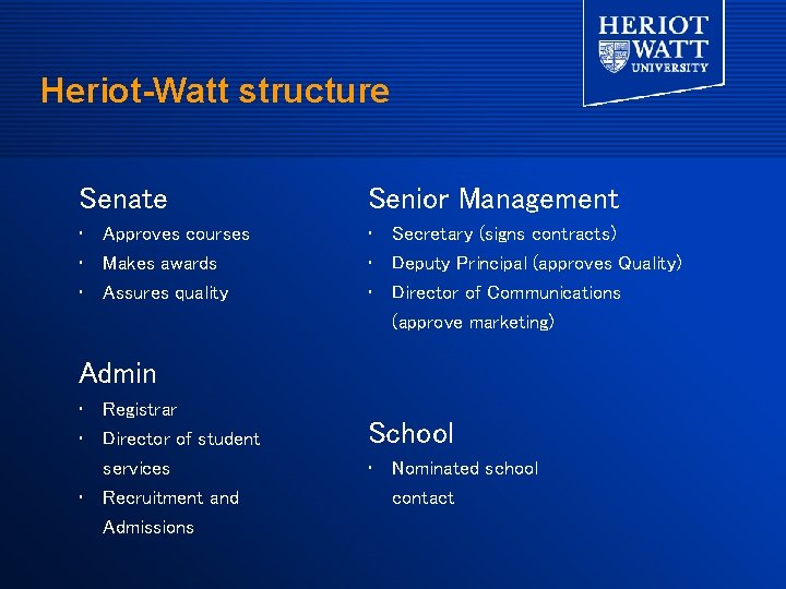 Heriot-Watt structure Senate Senior Management • • • Approves courses Makes awards Assures quality