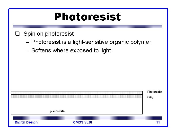 Photoresist q Spin on photoresist – Photoresist is a light-sensitive organic polymer – Softens