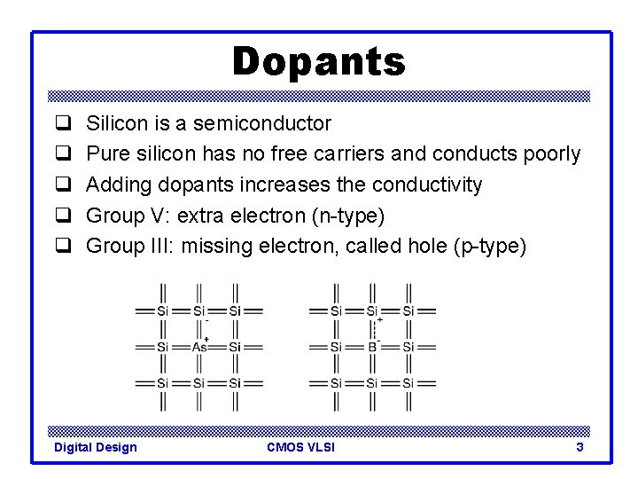 Dopants q q q Silicon is a semiconductor Pure silicon has no free carriers