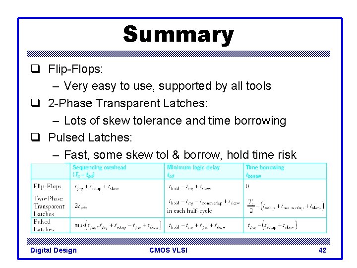 Summary q Flip-Flops: – Very easy to use, supported by all tools q 2