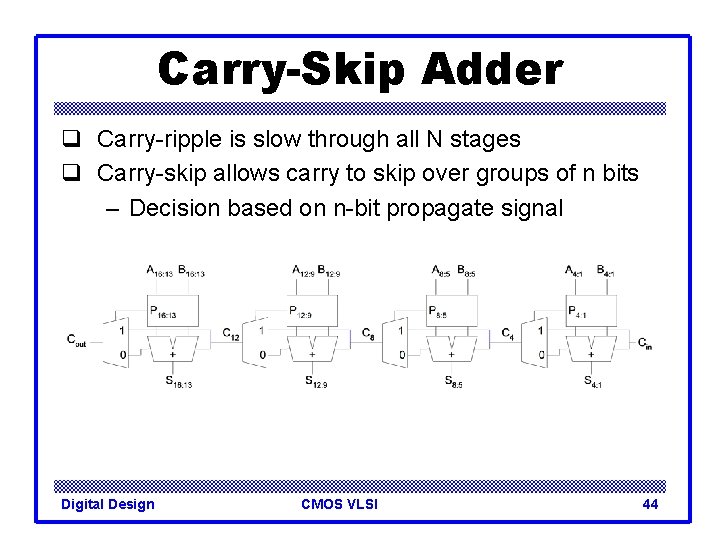 Carry-Skip Adder q Carry-ripple is slow through all N stages q Carry-skip allows carry