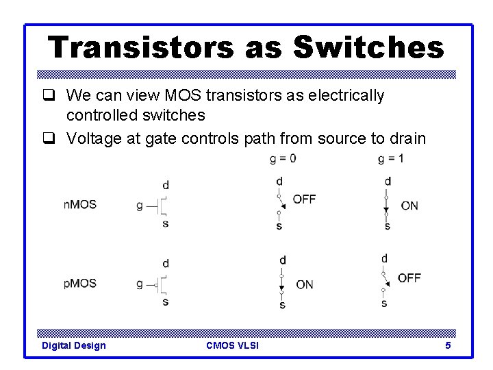 Transistors as Switches q We can view MOS transistors as electrically controlled switches q