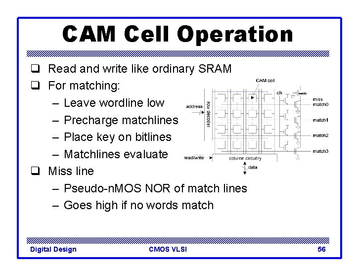 CAM Cell Operation q Read and write like ordinary SRAM q For matching: –