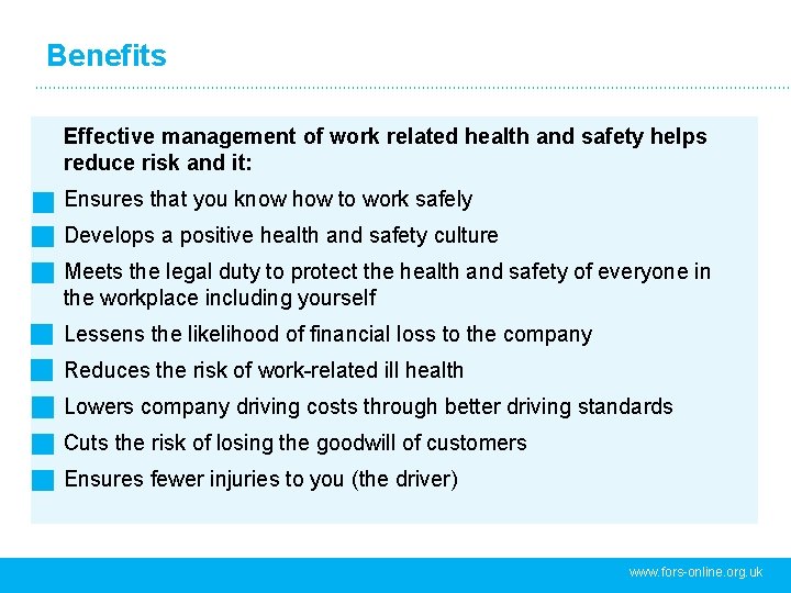 Benefits Effective management of work related health and safety helps reduce risk and it: Benefits Effective management of work related health and safety helps reduce risk and it: