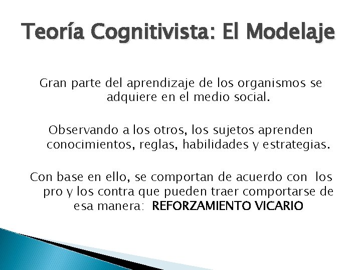 Teoría Cognitivista: El Modelaje Gran parte del aprendizaje de los organismos se adquiere en