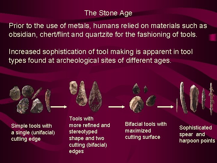 The Stone Age Prior to the use of metals, humans relied on materials such