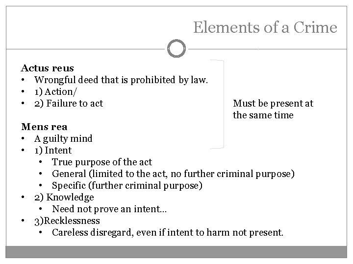 Elements of a Crime Actus reus • Wrongful deed that is prohibited by law.