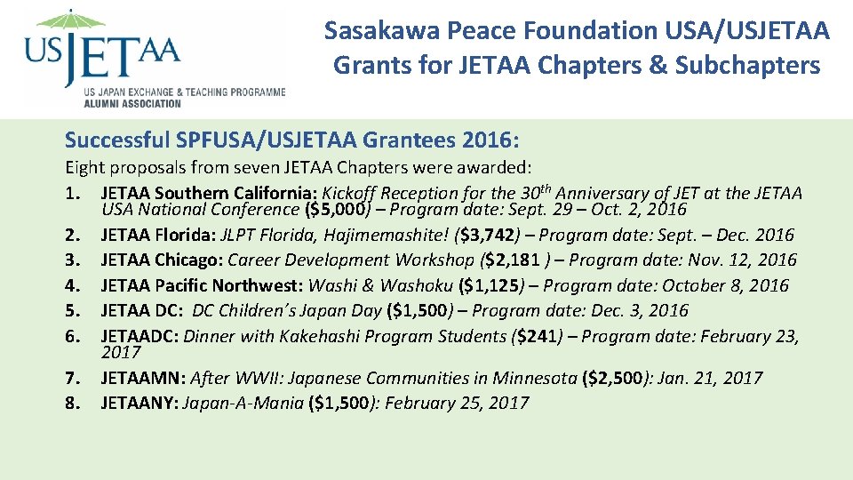 Sasakawa Peace Foundation USA/USJETAA Grants for JETAA Chapters & Subchapters Successful SPFUSA/USJETAA Grantees 2016: