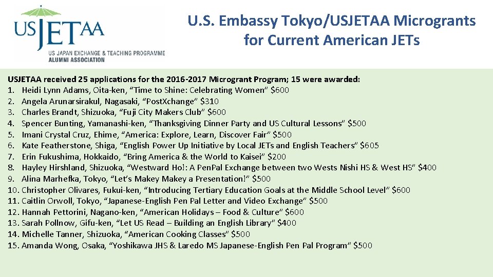 Mentorship U. S. Embassy Tokyo/USJETAA Microgrants Program: Orlando, FL for Current American JETs USJETAA