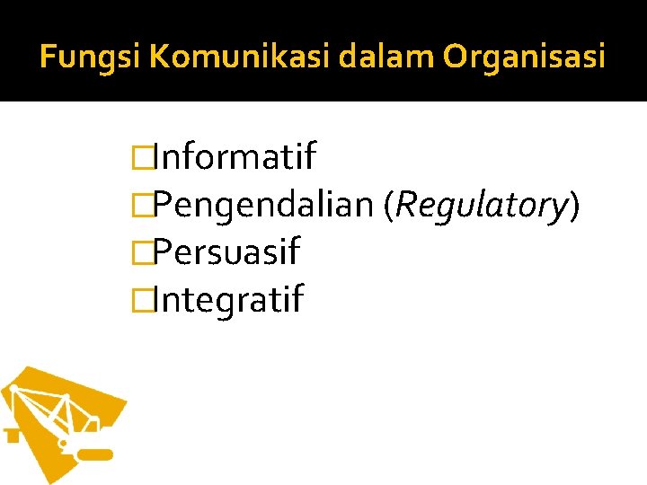 Fungsi Komunikasi dalam Organisasi �Informatif �Pengendalian (Regulatory) �Persuasif �Integratif 