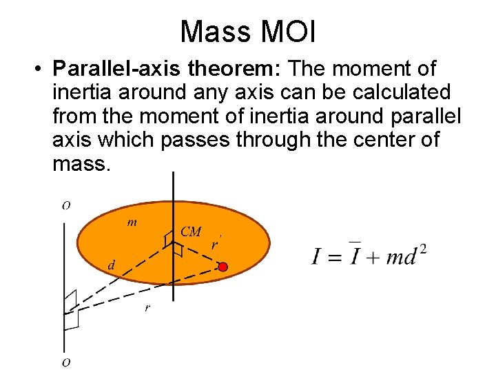 Mass MOI • Parallel-axis theorem: The moment of inertia around any axis can be