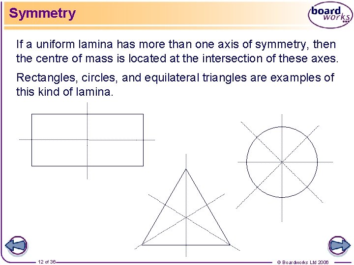Symmetry If a uniform lamina has more than one axis of symmetry, then the