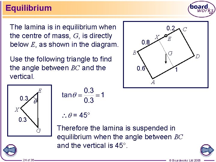 Equilibrium The lamina is in equilibrium when the centre of mass, G, is directly