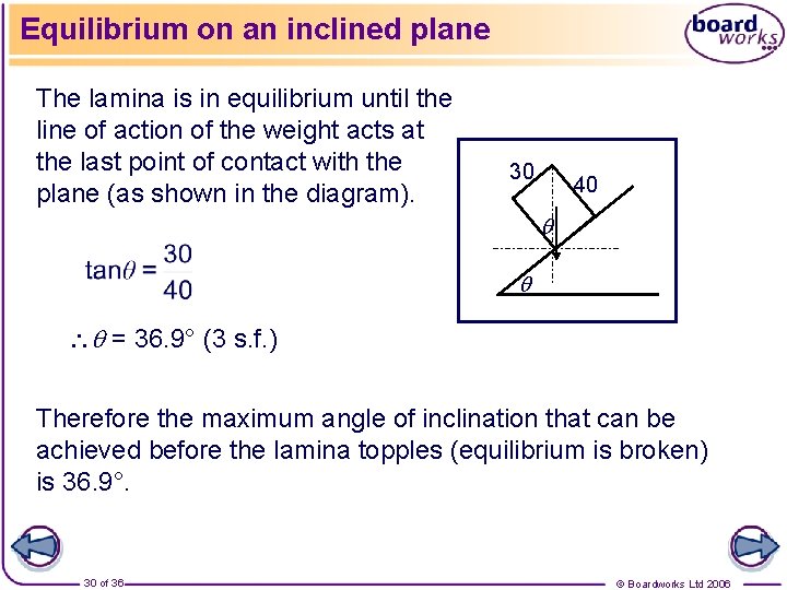 Equilibrium on an inclined plane The lamina is in equilibrium until the line of