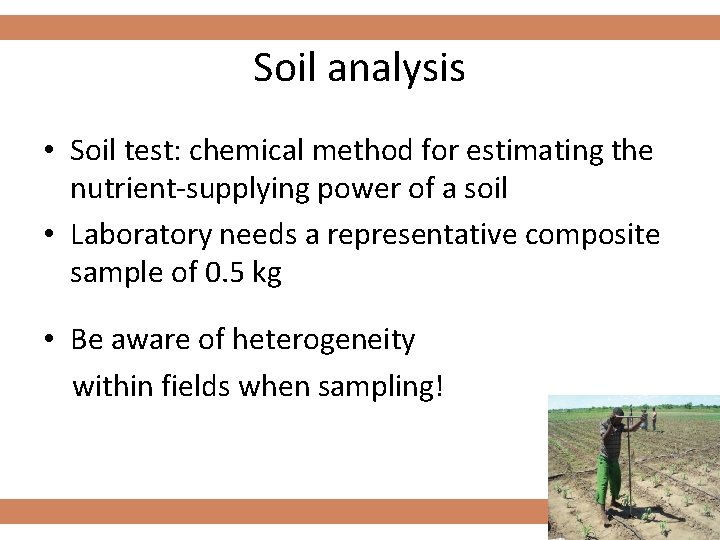 Soil analysis • Soil test: chemical method for estimating the nutrient-supplying power of a