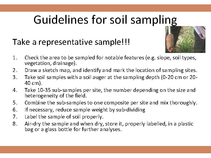 Guidelines for soil sampling Take a representative sample!!! 1. 2. 3. 4. 5. 6.