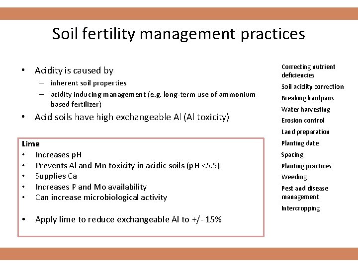 Soil fertility management practices • Acidity is caused by – inherent soil properties –