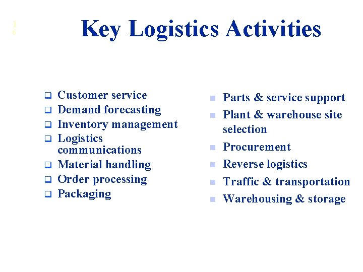 Key Logistics Activities 1 6 q q q q Customer service Demand forecasting Inventory