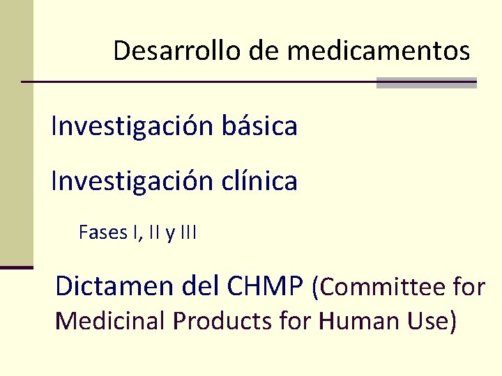 Desarrollo de medicamentos Investigación básica Investigación clínica Fases I, II y III Dictamen del