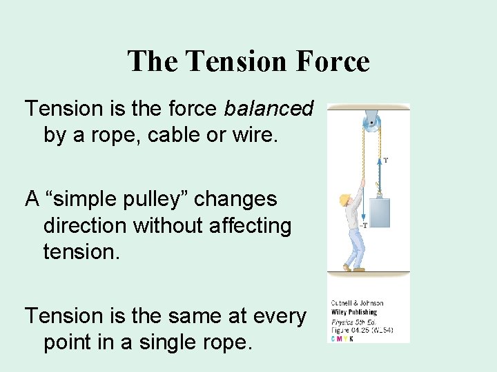 The Tension Force Tension is the force balanced by a rope, cable or wire.