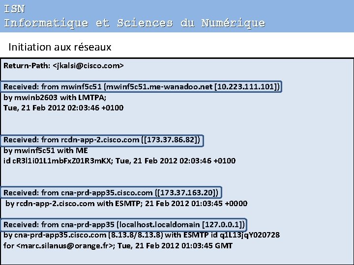 ISN Informatique et Sciences du Numérique Initiation aux réseaux Return-Path: <jkalsi@cisco. com> Received: from