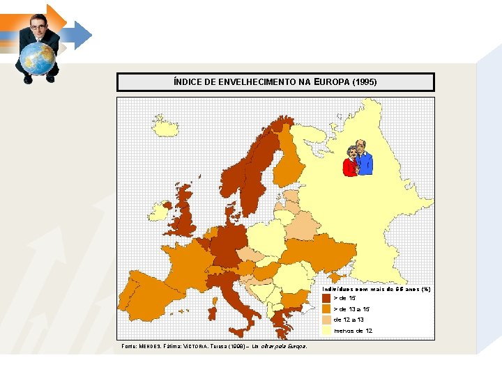 ÍNDICE DE ENVELHECIMENTO NA EUROPA (1995) Indivíduos com mais de 65 anos (%) >