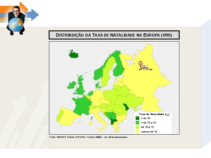 DISTRIBUIÇÃO DA TAXA DE NATALIDADE NA EUROPA (1995) Taxa de Natalidade (o/oo) > de