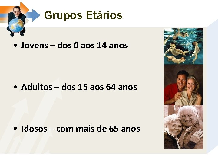 Grupos Etários • Jovens – dos 0 aos 14 anos • Adultos – dos