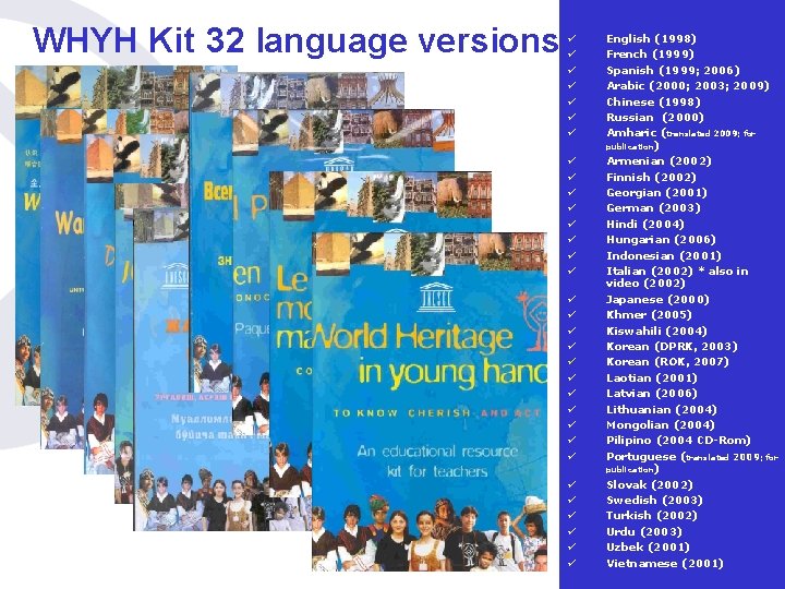 WHYH Kit 32 language versions English (1998) French (1999) Spanish (1999; 2006) Arabic (2000; WHYH Kit 32 language versions English (1998) French (1999) Spanish (1999; 2006) Arabic (2000;