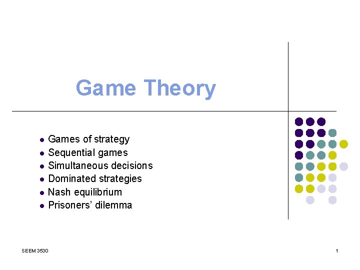 Game Theory Games of strategy l Sequential games l Simultaneous decisions l Dominated strategies