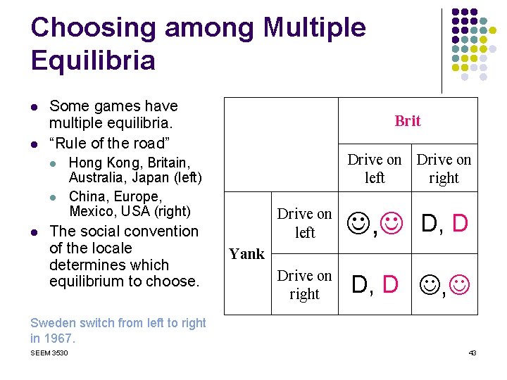 Choosing among Multiple Equilibria l l Some games have multiple equilibria. “Rule of the