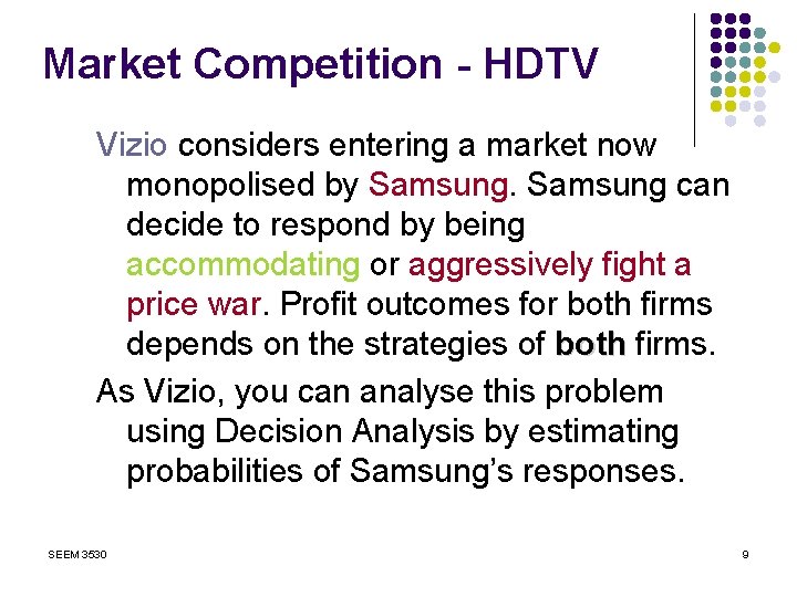 Market Competition - HDTV Vizio considers entering a market now monopolised by Samsung can