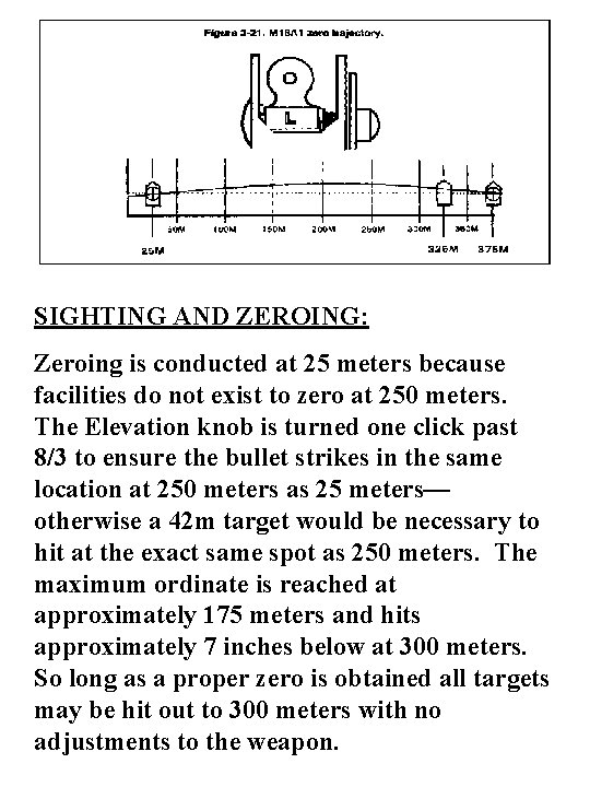 SIGHTING AND ZEROING: Zeroing is conducted at 25 meters because facilities do not exist