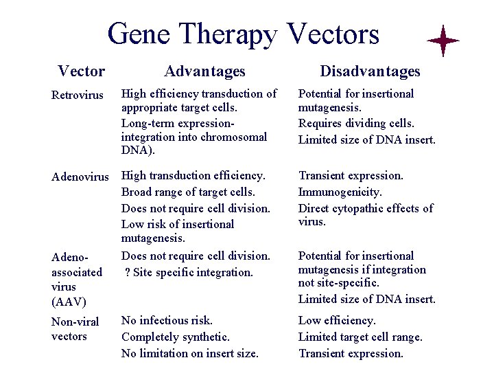 Gene Therapy Vectors Vector Advantages Disadvantages Retrovirus High efficiency transduction of appropriate target cells. Gene Therapy Vectors Vector Advantages Disadvantages Retrovirus High efficiency transduction of appropriate target cells.