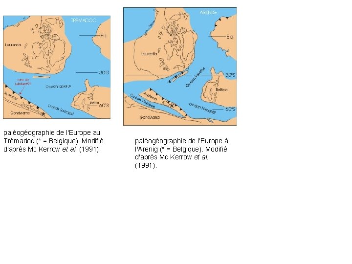 paléogéographie de l'Europe au Trémadoc (* = Belgique). Modifié d'après Mc Kerrow et al.