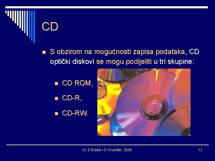 CD n S obzirom na mogućnosti zapisa podataka, CD optički diskovi se mogu podijeliti