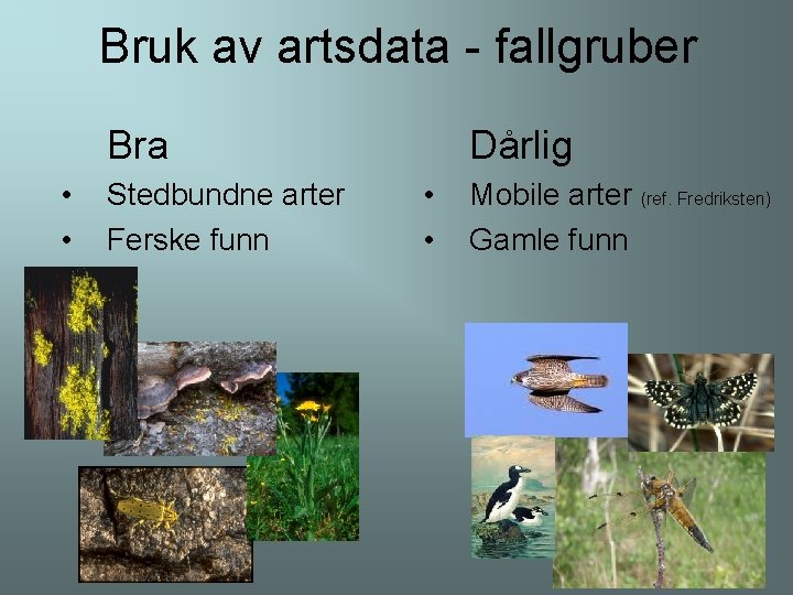 Bruk av artsdata - fallgruber Bra • • Stedbundne arter Ferske funn Dårlig •