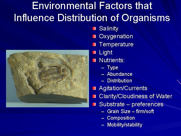 Environmental Factors that Influence Distribution of Organisms Salinity Oxygenation Temperature Light Nutrients: – –