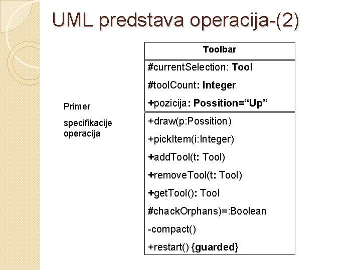 UML predstava operacija-(2) Toolbar #current. Selection: Tool #tool. Count: Integer Primer +pozicija: Possition=“Up” specifikacije